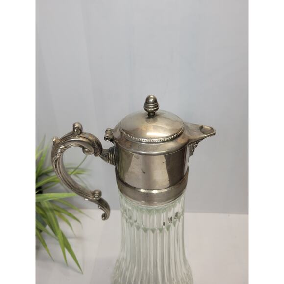 Vintage Glass Ribbed Carafe Pitcher, Silver Plated Cover & Ice Wand - Picture 5 of 5